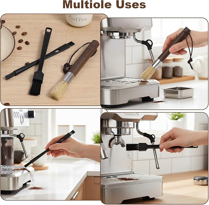 3Pcs Coffee Grinder Cleaning Brush Set, Espresso Machine Brush Cleaner Tools with Walnut Wood Handles & Natural Bristle for Barista & Home Kitchen Use, Coffee Grinder Brushes for Coffees Bar Accessory