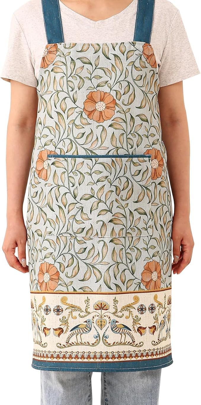 patdrea Blue Floral Linen Apron with Pocket,French Kitchen Garden Chef BBQ Aprons for Women and Men,Crisscross Back Straps - Image 2