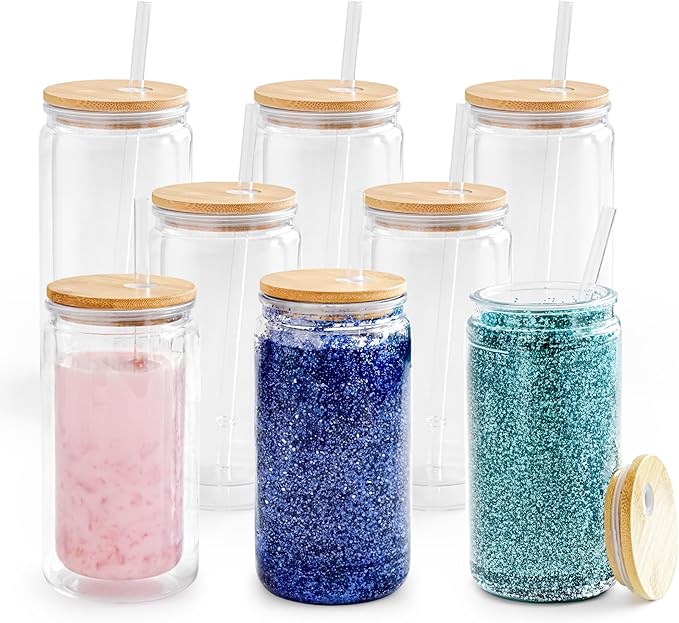 8 Pack Acrylic Snow Globe Tumbler with Bamboo Lids and Straws 16 oz Plastic Snowglobe Tumbler with Pre Drilled Hole Clear Double Wall Snowglobe Cups for Snow Globe Glitter DIY