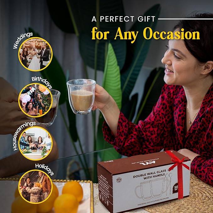 AYL Double Wall Glass Coffee Mugs - 13 oz Insulated Clear Latte Mugs Set of 2, Perfect for Espresso, Cappuccino, Latte, Tea - Elegant Glass Coffee Cups