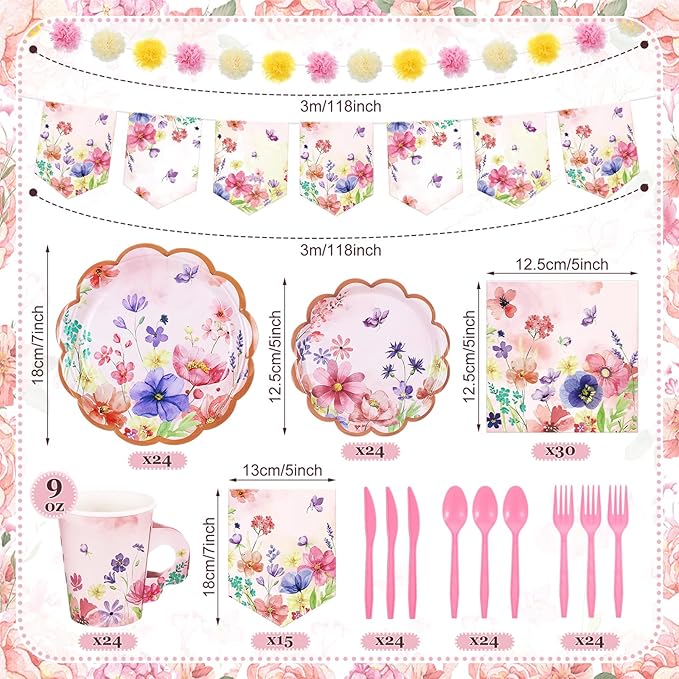 176 Pcs Tea Party Supplies Include Floral Paper Tea Cups and Saucers Disposable Blossom Theme Paper Plates and Napkins Flower Banners for Baby Shower Birthday Bridal Wedding Spring Party