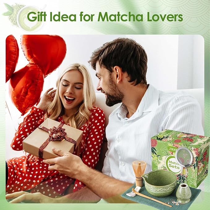Matcha Whisk Set, ZBUFAN 7 Pcs Green Matcha Kit with Bamboo Whisk(Chasen) and Holder, Ceramic Matcha Bowl with Spout, Japanese Tea Set with Matcha Sifter and Scoop