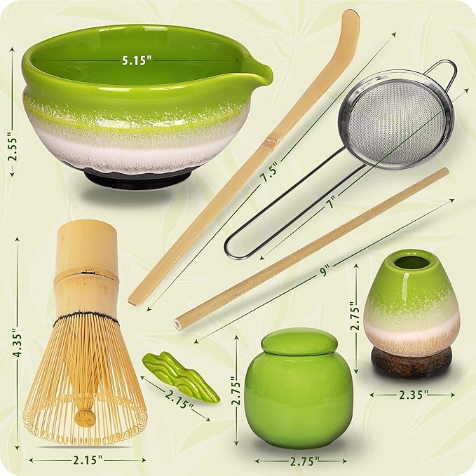 Matcha Whisk Set – Premium 9 Pcs Japanese Set for Tea Lovers - Traditional Kit, Green Matcha Kit Including Bowl (Chawan), Bamboo Whisk and Scoop Holders, Sifter Canister and Straw