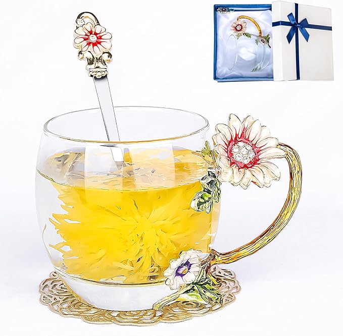 Flower Tea Cup,Butterfly Daisy Glass Fancy Coffee Mug with Spoon,Gift Box for Her Mom Wife Grandma Girls Friends Valentines Christmas Birthday Present Idea for Juice,Hot/Cold Drinks Use (purple-A)