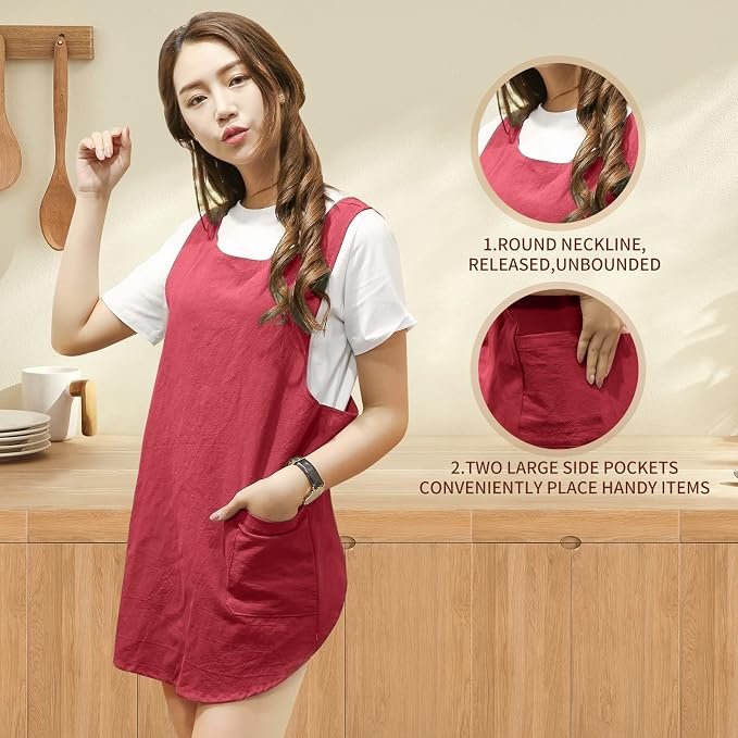 Shortened Design Apron, Japanese Style Soft Cotton Linen Apron with Two Side Pockets, X Cross Halter Aprons, Kitchen Cooking Clothes Gi/ft for Women DIY Project, Crafting, Cooking, Baking(Wine Red) - Image 6