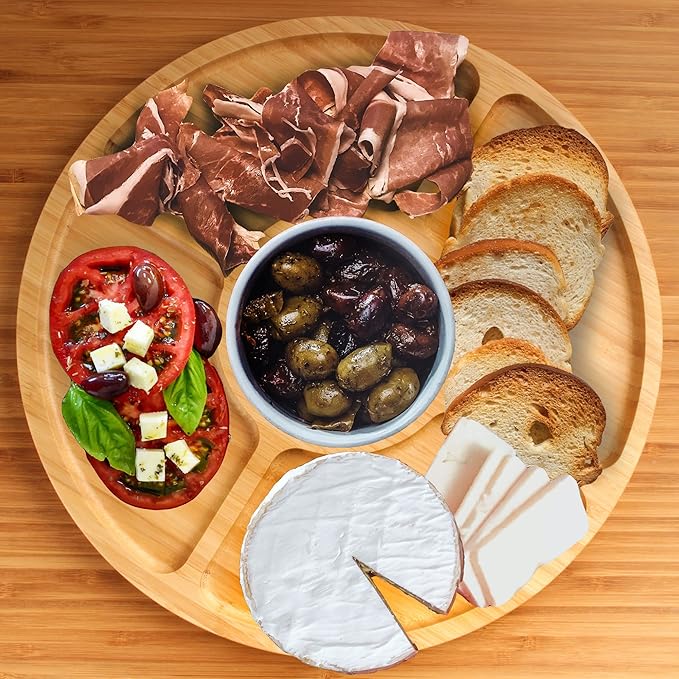 BambooMN Natural 15" Bamboo Round 5 Compartment Serving Tray/Platter, Charcuterie Board, Perfect for Snacks, Party Platter, Appetizers - 10 Trays