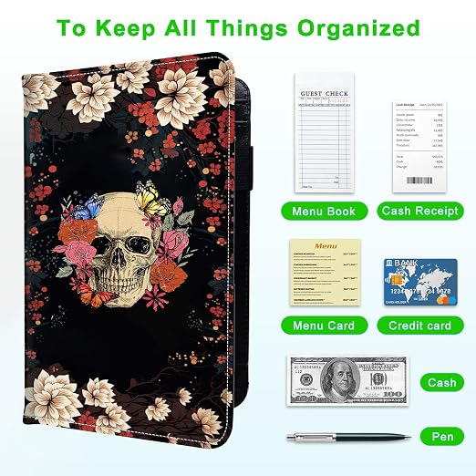Server Books for Waitress, with 7 Large Pockets, Waiter Serving Book, Waitstaff Server Order Pads, Cute PU Leather Server Book with Pen Holder Fit Server Apron, Flower Skull Roses Butterfly - Image 5