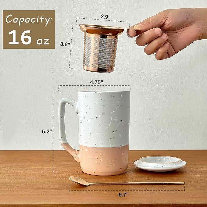 Ceramics Large Tea Cup with Loose Leaf Infuser, Spoon and Lid, 16 oz Tall Coffee Mug, Microwave and Dishwasher Safe, Rustic Matte Ceramic Glaze, Tea Strainer (Pink)