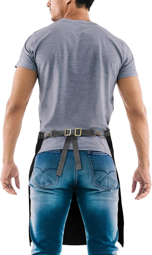 Under NY Sky Half Barista Apron - Black Leather Strap - Riveted Pockets - Double Stiched - Leather Loop - Professional Twill - Bistro, Restaurant, Waiter, Bartender, Server - Black Half Waist Apron
