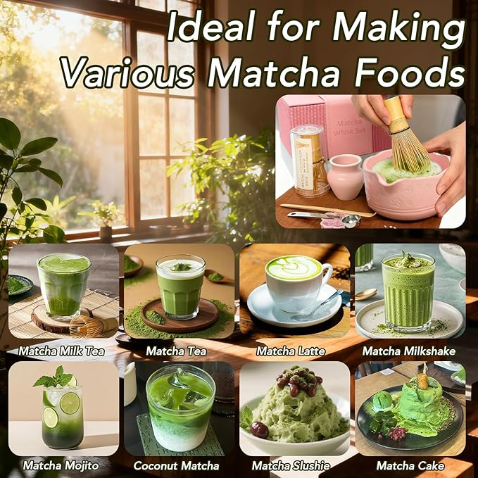 8Pcs Matcha Whisk Set, Matcha Set Includes Ceramic Matcha Bowl, Whisk and Holder, Bamboo Scoop, Scoop Rest, Sifter, Measuring Spoons and Tea Towel Tea Kit Gift Set for Women (Pink)