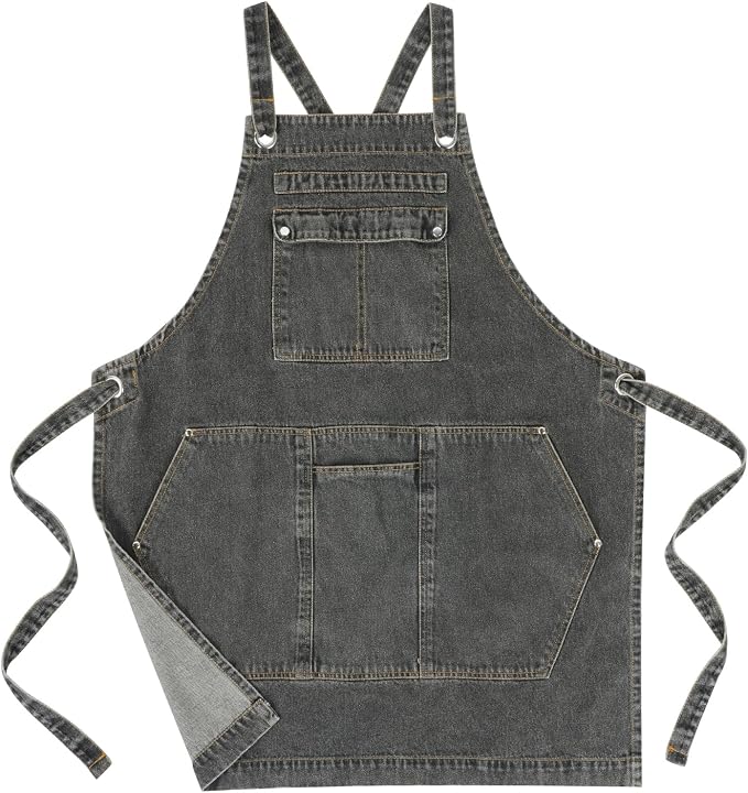 Denim Apron with Pockets for Hairstylist, Barista, Gardening | Firm Stitching,Durable Denim,Cross-Back Straps,Utility Pockets,Adjustable Fit for Gardening,Crafts,Barista Work,Salon Work by ARBINSON