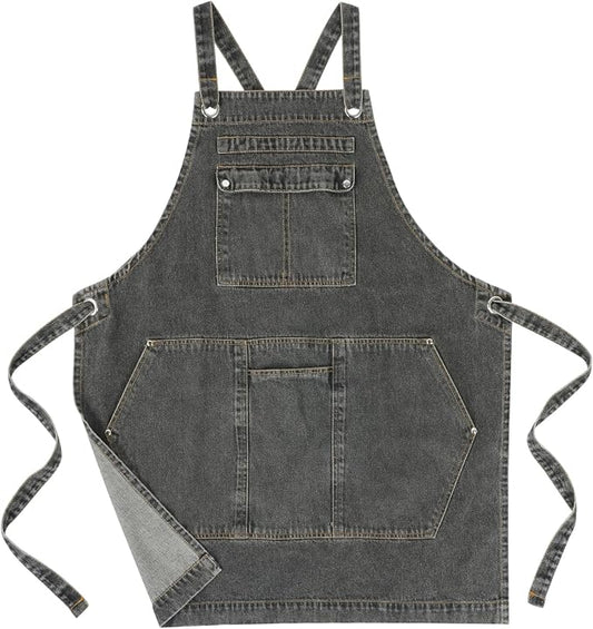 Denim Apron with Pockets for Hairstylist, Barista, Gardening | Firm Stitching,Durable Denim,Cross-Back Straps,Utility Pockets,Adjustable Fit for Gardening,Crafts,Barista Work,Salon Work by ARBINSON