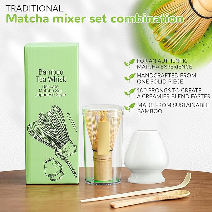 Traditional Japanese Matcha Tea Whisk Set, 4 Piece Bamboo Ceremonial Kit with Ceramic Holder (White)