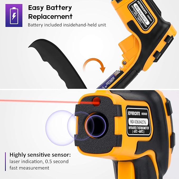 Infrared Thermometer Non-Contact Digital Laser Temperature Gun -58℉～1112℉(-50℃～600℃) Adjustable Emissivity IR Temp Gun - for Cooking, BBQ, Food, Fridge, Pizza Oven, Engine - Meat Thermometer Included
