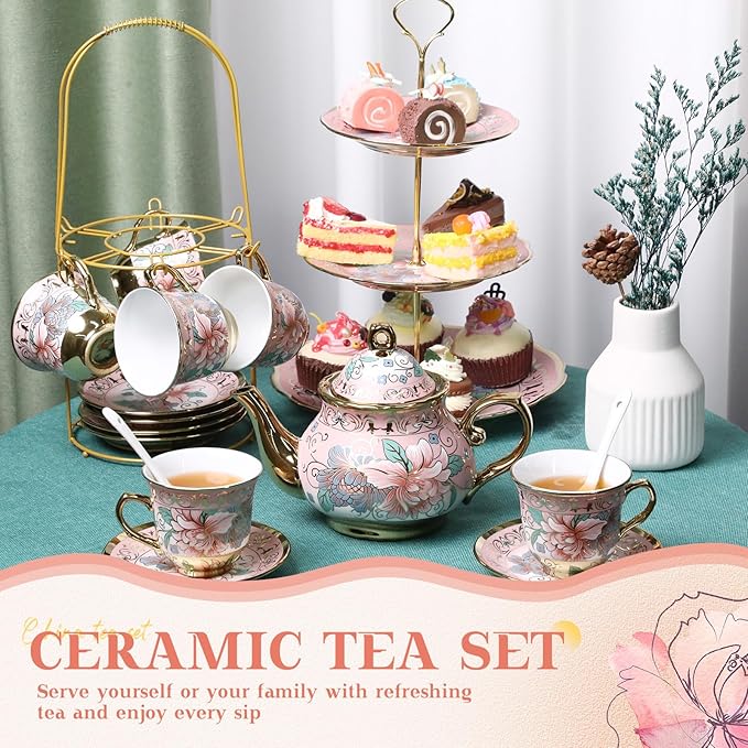 21 Pcs Ceramic Teapot Set Vintage Porcelain Tea Cups with Metal Holder and High Tier Cupcake Stand Saucers for Women Girls Farmhouse European Weddings Party Decor Gifts(Pink,Spring)