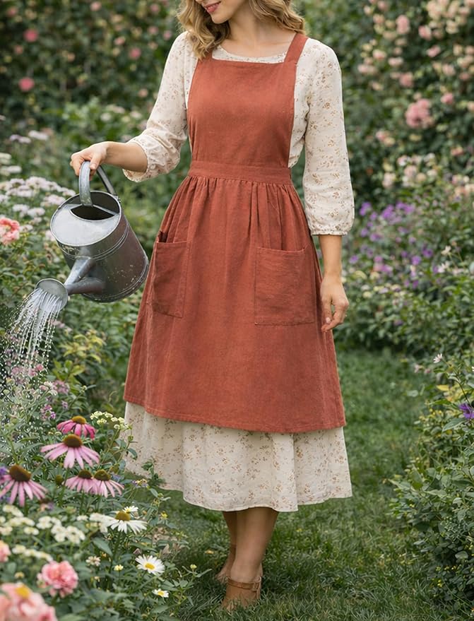 Pinknoke Cute Cotton Pinafore Aprons for Women with Pockets for Kitchen | Vintage Apron Dress,Adjustable Cross Back,2 Pockets,Long Straps,for Cooking Backing Gardening Painting Cleaning Gift Giving - Image 3