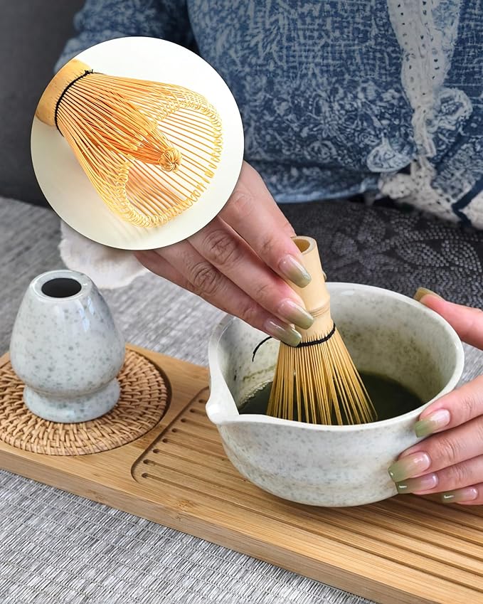 Matcha Whisk Set, 4 Piece Matcha Making Kit Includes Bamboo Whisk (Chasen), Spoon (Chashaku), Stainless Steel Sifter, Teaspoon, Traditional Handmade Matcha Starter Kit 100% Natural Bamboo