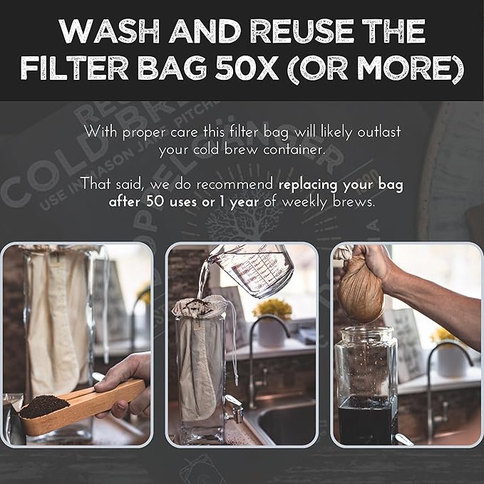 (2-Pack, Medium 8in x 12in) Organic Cotton Cold Brew Coffee Bag - Designed in California - Reusable Coffee Filter with EasyOpen Drawstring Cold Brew Maker for Pitchers, Mason Jars, & Toddy Systems