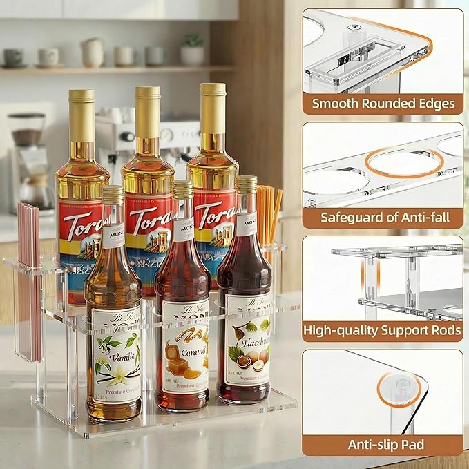 Coffee Syrup Organizer with Straw Holders, 2-Tier Acrylic Syrup Rack (6 Bottles), Anti-Slip Coffee Bar Storage with Side Straw Boxes for Syrups, Wine, Dressings on Kitchen Countertop