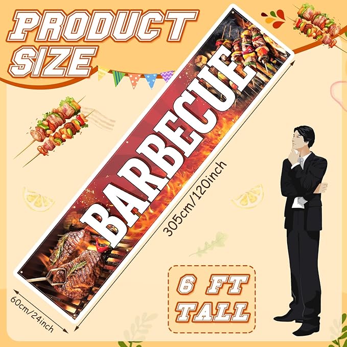 Tegeme Barbecue Banner Sign 2x10 ft/ 24x120 Inch Large Oxford Fabric BBQ Banner Barbecue Birthday Party Decorations Backdrop with 10 Grommets for Easy Hang Indoor Outdoor