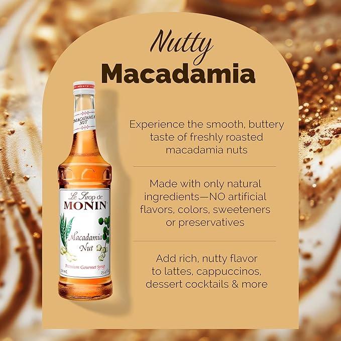 Monin - Macadamia Nut Syrup | Premium Syrup for Lattes, Cappuccinos, Hot Cocoas & More | Clean Label, No Artificial Flavors, No Artificial Preservatives (BPA-Free Glass Bottle, 750 ml)
