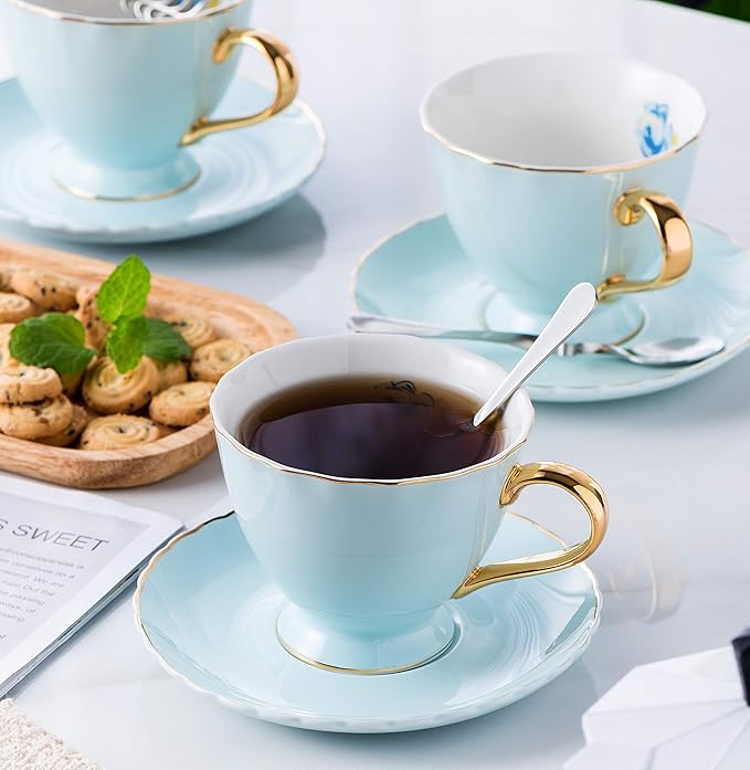 Jusalpha® Fine China Tea Cup and Saucer Coffee Cup Set with Saucer and Spoon Set of 6 (FD-TCS02 blue (6), 7oz)