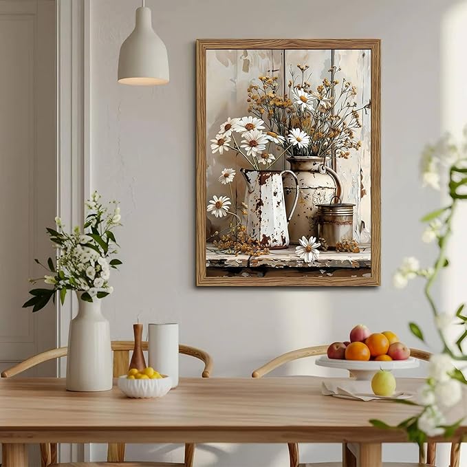 Country Wall Art, Farmhouse Pictures Wall Decor, Rustic Daisy Canvas Prints, Rusty Watering Can Art Paintings, Vintage Floral Artwork for Living Room Hallway Kitchen Bathroom Decor, Framed 12x16 In