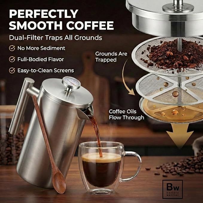 Barista Warrior French Press Coffee Maker Stainless Steel with Built-In Thermometer - Insulated Double Wall Design, Dual Filter System, Stay-Cool Handle & Wood Spoon - Silver