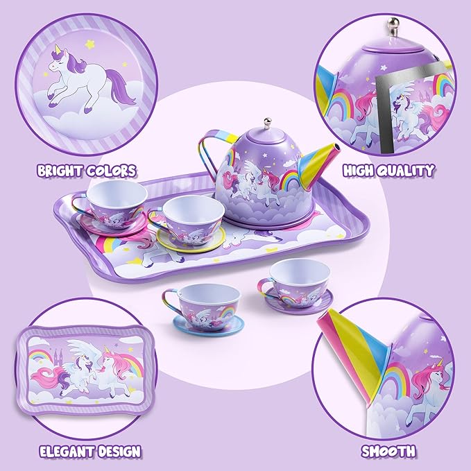 JOYIN Unicorn Tea Party Set for Little Girls, Pretend Purple Tin Teapot Set, Princess Tea Time Play Kitchen Toy with Teapot, Cup, Plate, Carrying Case for Kids Toddler Age 3+, Birthday Gifts