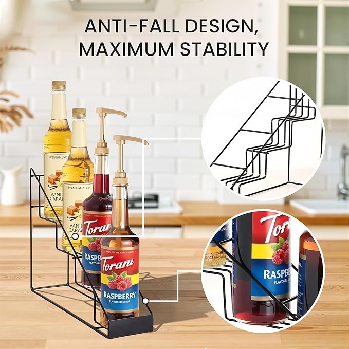 mustry Coffee Syrup Rack for Coffee Bar Accessories, Coffee Syrup Holder Fits with Torani and Monin Syrup, Coffee Bar Organizer Holds 4 Bottles, 2 Pack