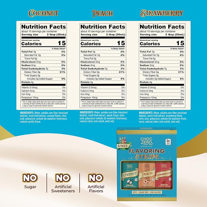 ChocZero Sugar Free Coffee Syrup Summer Variety Pack (3 × 10.8 fl oz), Monk Fruit Sweetened, Keto Friendly, No Sugar Alcohols – Coconut, Peach & Strawberry - Image 2