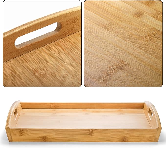 Peohud 4 Pack Bamboo Serving Trays with Handles, Rectangular Kitchen Food Tray for Eating, Dinner Trays for Eating on Couch, Wood Serving Platter for Breakfast, Tea, Bar, Restaurant, Party or Bed