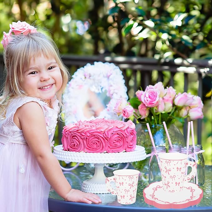 48 Pcs Pink Paper Tea Cups and Plates Pink Bow Party Supplies Bowknot Disposable Paper Teacups and Saucer Set Coquette Birthday Decor for Mother's Day Wedding Baby Shower Party, Serve 24