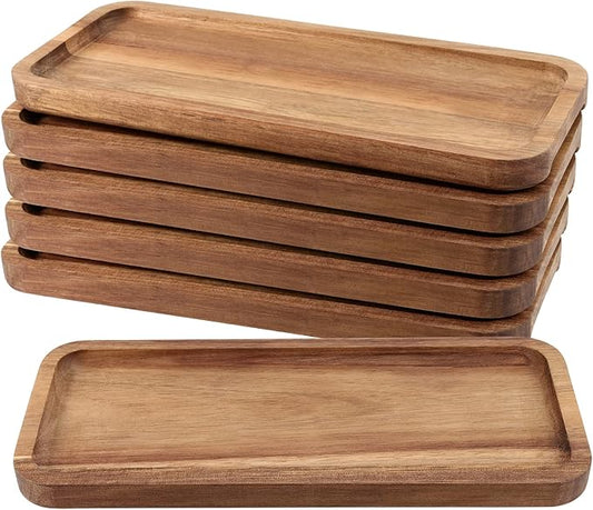 FUNSUEI 11.8 x 5.1 Inches Set of 6 Wooden Serving Platters, Acacia Wooden Serving Trays with Grooved Design, Rectangular Wood Platters for Fruit, Cookie, Bread, Vegetable, Salad