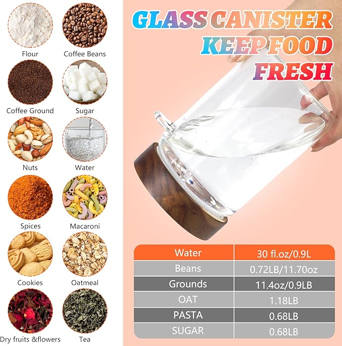 30oz Glass Storage Jar with Airtight Lids Spoons Glass Coffee Ground Canister Glass Sugar Container for Cookies Beans Nut Pasta Candy Spice Rice Loose Tea (900ml/30oz-1 pack)