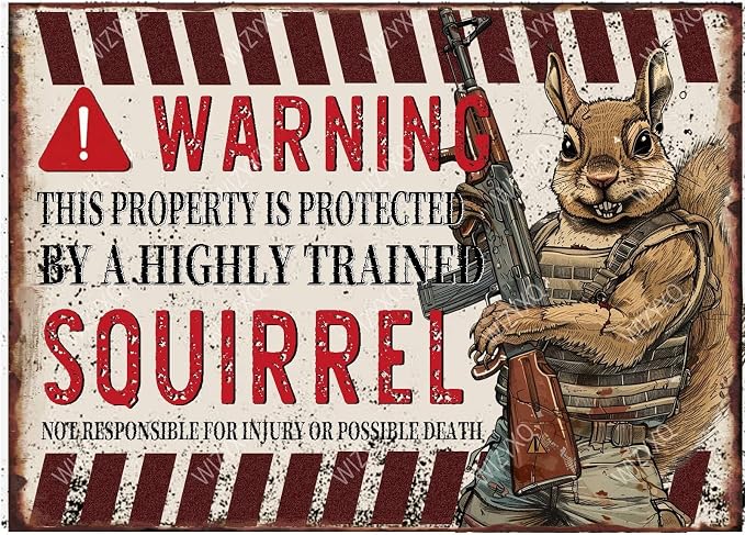 Funny Squirrel Metal Signs Warning This Property Is Protected By A Highly Train Vintage Tin Sign Retro Wall Decor for Home Front Door Gate Backyard 8×12 Inches by CreatingThoughtfullyDesigned