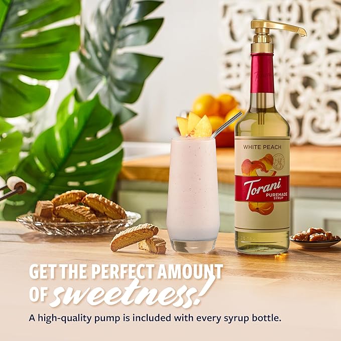 Torani Puremade Syrup, White Peach Flavoring for Drinks, Glass Bottle with Pump Included, 25.4 Fl Oz