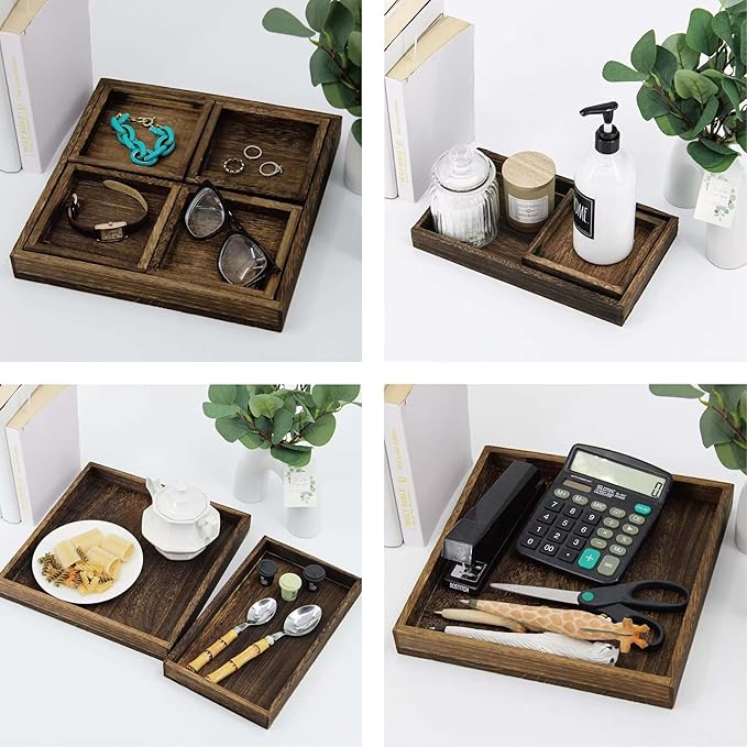 5-Piece Rustic Wooden Serving Tray Set, Handcrafted Nesting Trays with Handles for Ottoman & Coffee Table Decor, Lightweight Paulownia Wood Food Trays for Kitchen, Outdoor Picnic & Parties