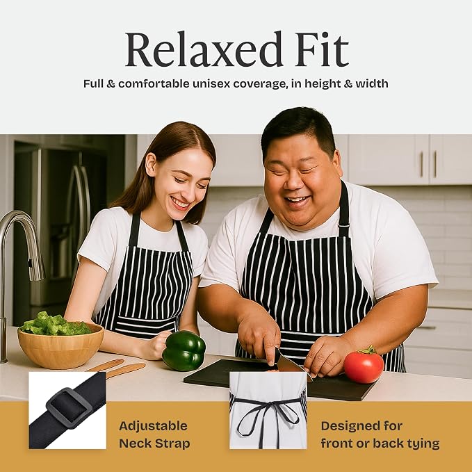 Will Well 2 Pack Bib Apron For Men & Women with 2 Pockets - Black Stripe | Unisex 33'' x 27'' Oil & Water Resistant Soft Kitchen Chef Apron with Adjustable Neck Strap & 38'' Waist Ties for Snug Fit - Image 6