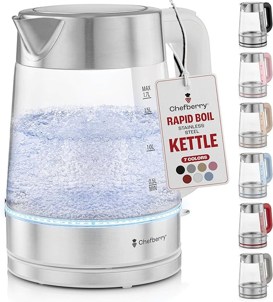 Electric Kettle for Boiling Hot Tea & Water | 1.7L Stainless Steel Borosilicate Glass Boiler With No Plastic, Automatic Shutoff, BPA Free, Fast Heating Technology (White)