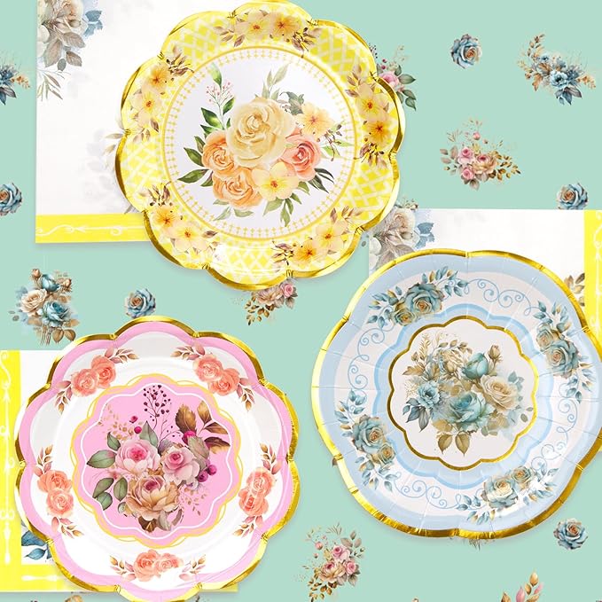 WorldBazaar Tea Party Supplies Floral Party Dinnerware 12 Set Paper Tea Cups and Saucers, Plates Napkins Tablecloth Birthday Table Decorations Girls Kids Adults Woman