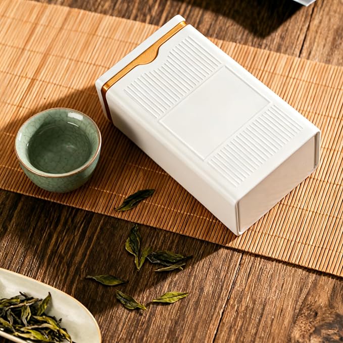 HAN SHENG Square Airtight Tea Tins - White, Food Storage Containers for Loose Tea, Coffee, Spices (5.9"x3.4"x2.8")