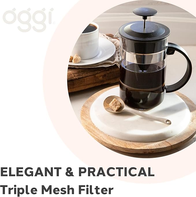 Oggi Triple Mesh Filter French Press Coffee Maker (12 fl oz)- 3 Cup / 350 ml Capacity, Coffee Press, Single Serve Coffee Maker, Stainless Steel Lid & Plunger, Make Great Coffee Gifts, Black