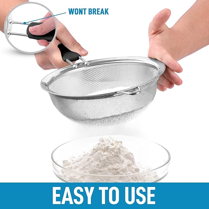 Zulay Kitchen Premium Stainless Steel Fine Mesh Strainer Set - Strainers For Kitchen (Set of 3) With Non-Slip Handles - Includes A Small, Medium & Large Fine Mesh Sieve Set - Durable Metal Strainer