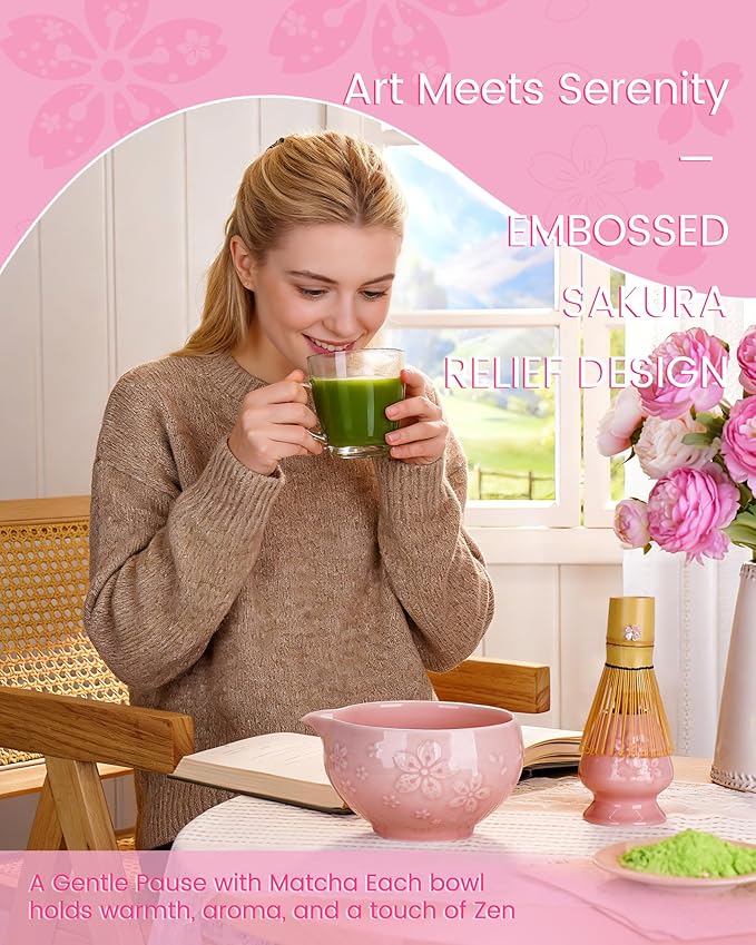 Matcha Whisk Set, 6pcs Matcha Kit Includes Matcha Bowl with Spout, Bamboo Whisk & Scoop with Cute Charm, Chasen Holder, Innovative Sifter, Tea Mat for Latte Making, Pink