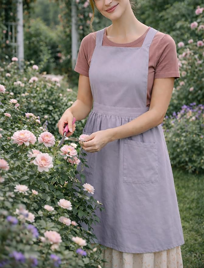 Pinknoke Cute Cotton Pinafore Aprons for Women with Pockets for Kitchen | Vintage Apron Dress,Adjustable Cross Back,2 Pockets,Long Straps,for Cooking Backing Gardening Painting Cleaning Gift Giving - Image 4