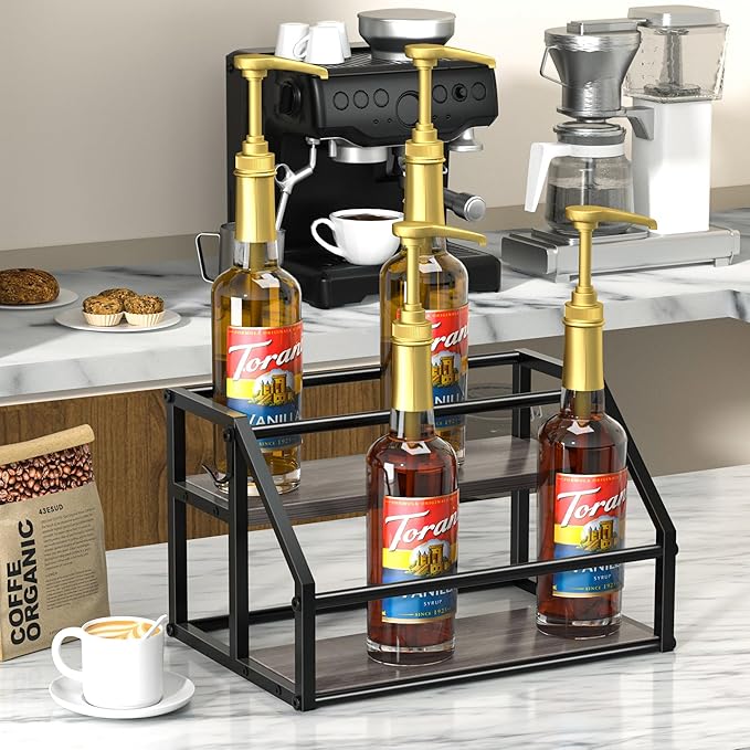 Coffee Syrup Rack Organizer, Syrup Bottle Holder Stand for Coffee Bar, 2-Tier 8 Bottles Storage Shelves for Syrup, Wine, Dressing for Kitchen Countertop, Grey