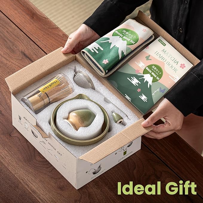 Clay&Fire Matcha Whisk Set，9 Pcs Ceramic Matcha Set, 15 OZ Matcha Bowl with Spout and Whisk for Friend, Ideal Gift for Matcha Lover（Starry）