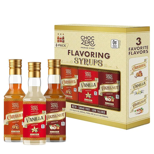 ChocZero Sugar Free Coffee Syrup Variety Pack (3 × 10.8 fl oz), Monk Fruit Sweetened, Keto Friendly, No Sugar Alcohols – Caramel, Vanilla & Hazelnut by ChocZero