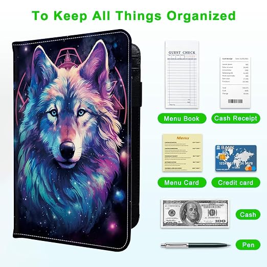 Server Books for Waitress, with 7 Large Pockets, Waiter Serving Book, Waitstaff Server Order Pads, Cute PU Leather Server Book with Pen Holder Fit Server Apron, Cosmic Wolf - Image 5